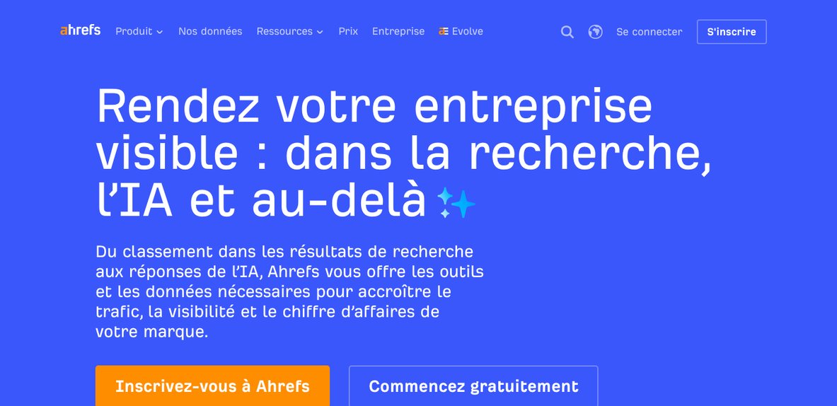 Page d'accueil d'Ahrefs, outil d'analyse des liens entrants et des mots-clés des sites concurrents