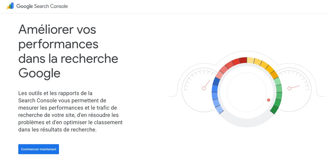 Page d'accueil de Google Search Console, outil gratuit de Google pour mesurer les performances d'un site dans la recherche