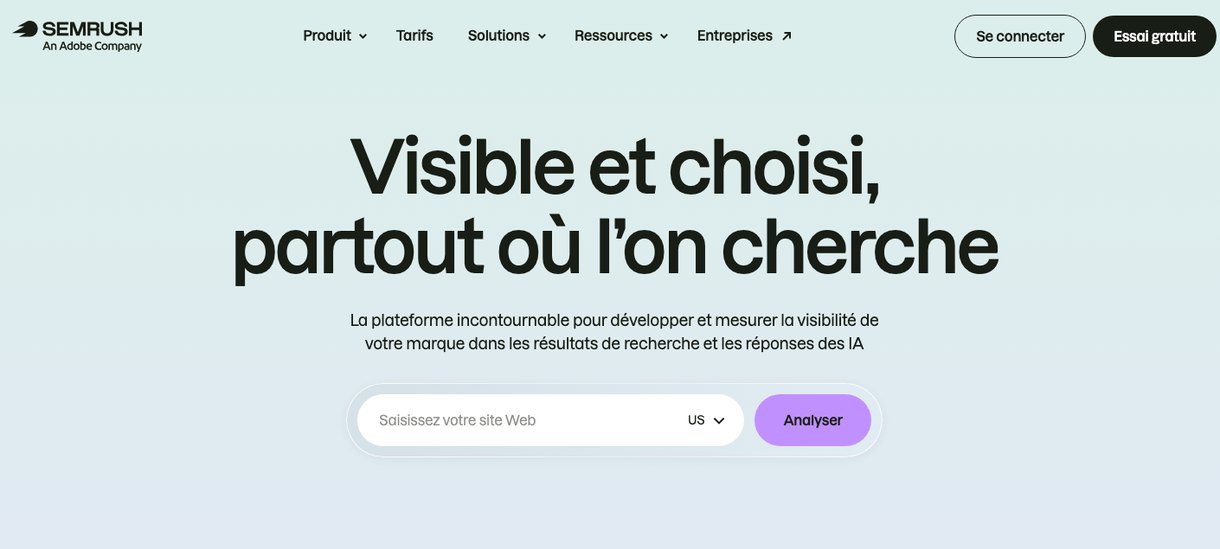 Page d'accueil de Semrush, plateforme de recherche de mots-clés, de référencement local et de suivi de visibilité dans l'IA