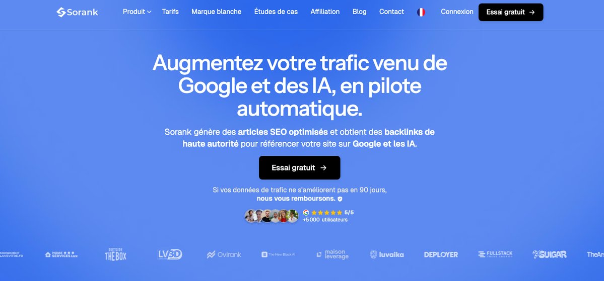 Page d'accueil de Sorank, logiciel SEO qui rédige et publie les articles d'un professionnel à domicile et suit sa présence dans les réponses des IA